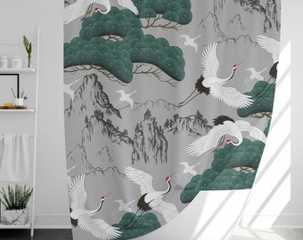 Pine and Crane Shower Curtain with 12 Hooks, 100% Waterproof, Modern Bathroom Decor, Housewarming Gift