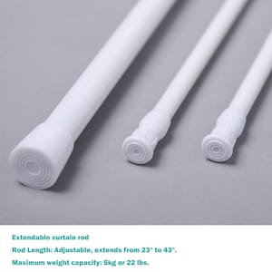 May include: Three white extendable curtain rods, the largest is 43 inches long, the middle is 35 inches long, and the smallest is 23 inches long.  Extendable curtain rod. Rod Length: Adjustable, extends from 23" to 43". Maximum weight capacity: 5kg or 22 lbs.