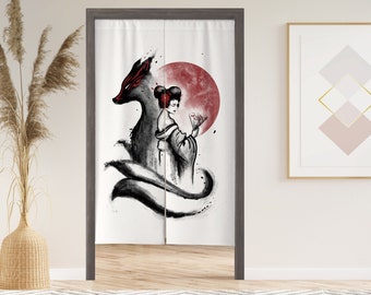 May include: A white room divider curtain with a black and white illustration of a woman and a fox with a red moon in the background.