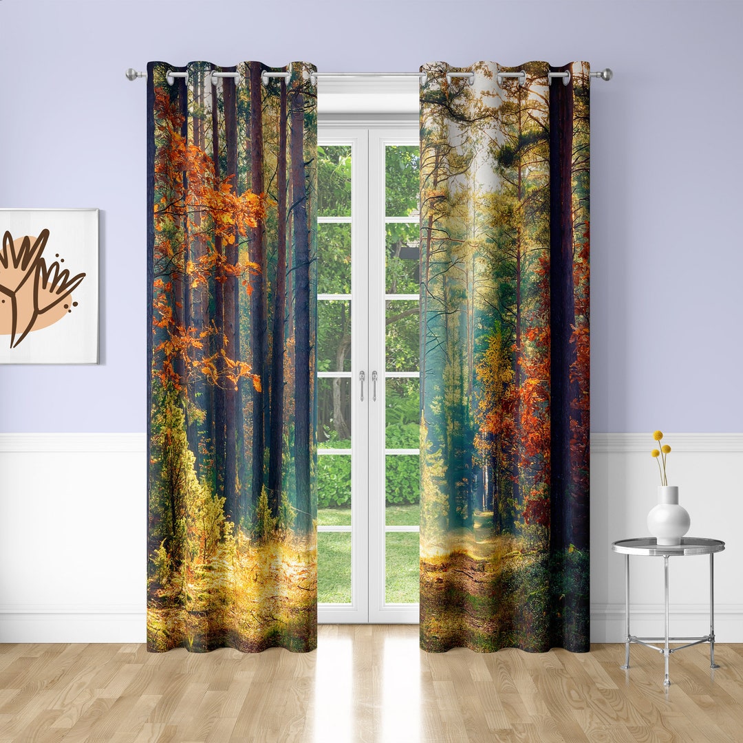 Autumn Forest Window Curtains Natural Scenery Printing Decorative