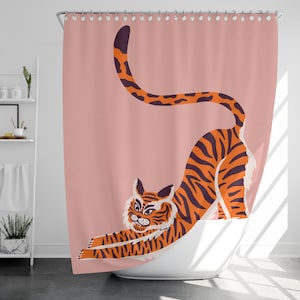 Dancing tiger Shower Curtain with 12 Hooks, Christmas Gift, Home Decor, Housewarming Gift