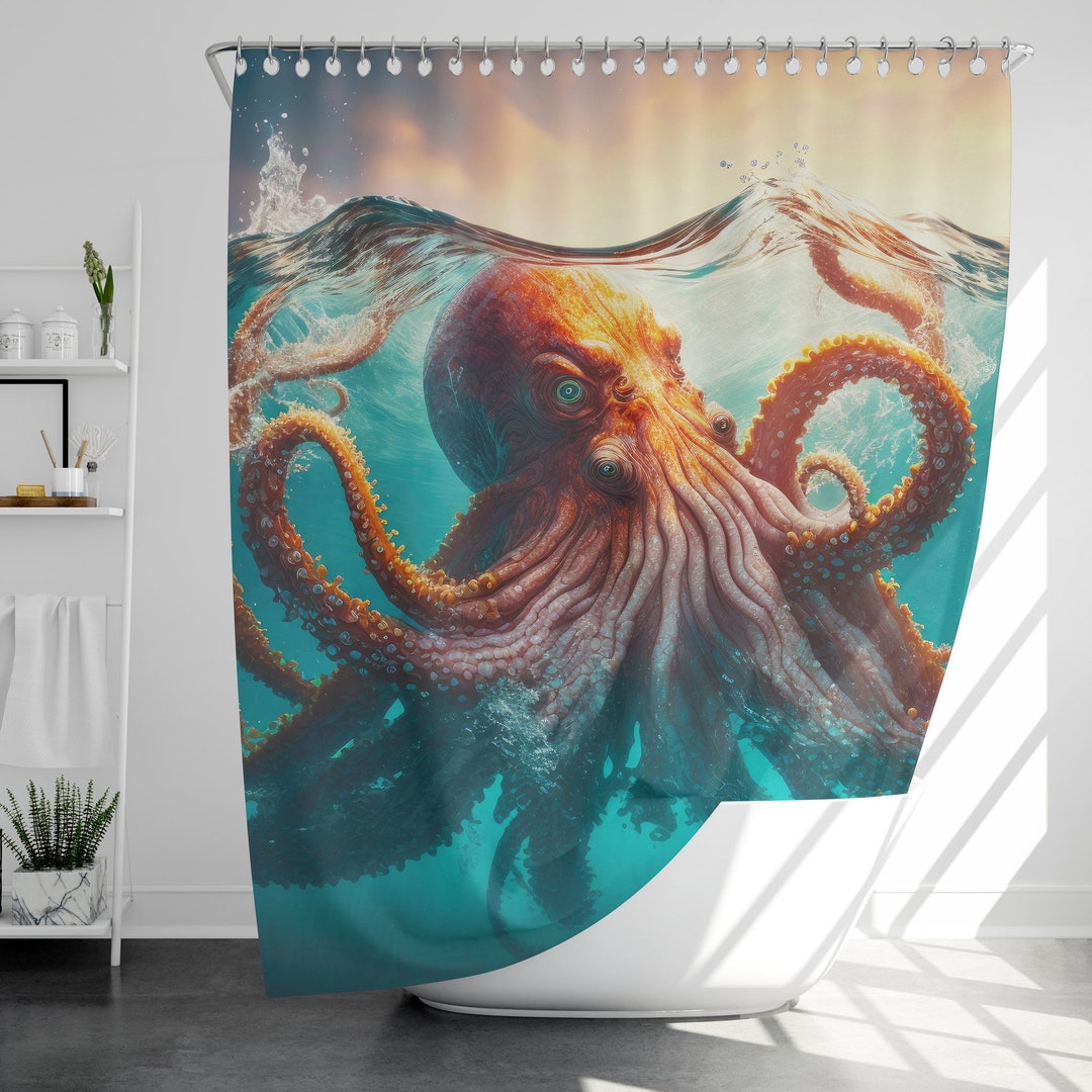 Sea Monster Shower Curtain With 12 Hooks, 100 Waterproof, Japanese