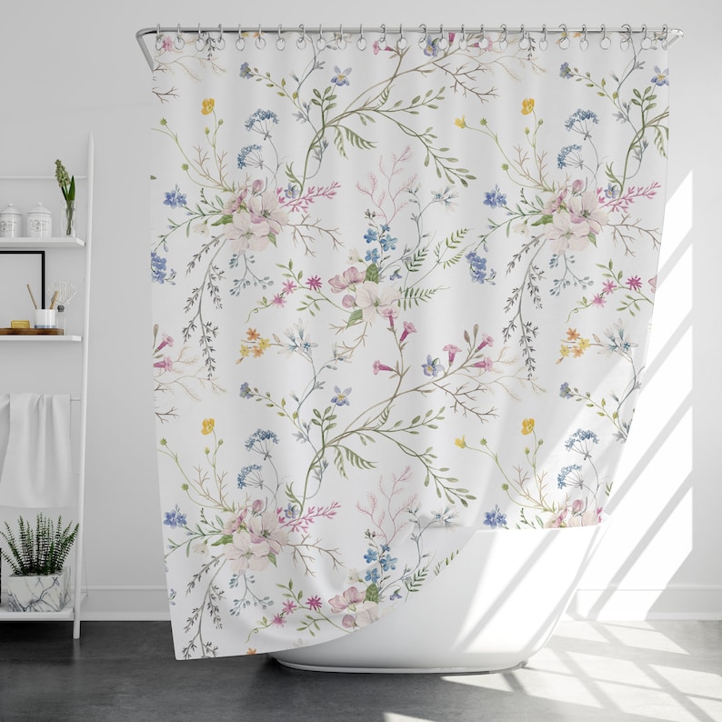 Rideau de douche fleurs vintage avec 12 crochets, 100 % étanche, décor de salle de bain moderne, cadeau de pendaison de crémaillère image 1