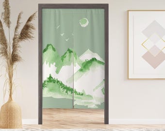 Watercolor Green Mountain Noren, Japanese Doorway Curtain, Sage Landscape Entryway Divider Screen, Wall Hanging Tapestry Art