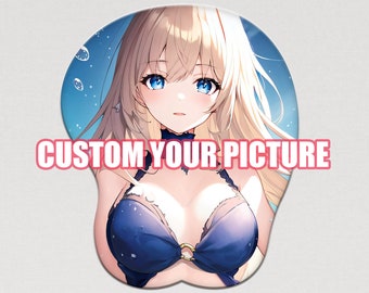 May include: A blue and white mousepad with a cartoon image of a woman with long blonde hair and blue eyes. The text "CUSTOM YOUR PICTURE" is printed on the mousepad.