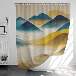 Cortina de ducha de montañas imaginarias con 12 ganchos, 100 % impermeable, decoración de baño con paisaje, regalo de inauguración de la casa