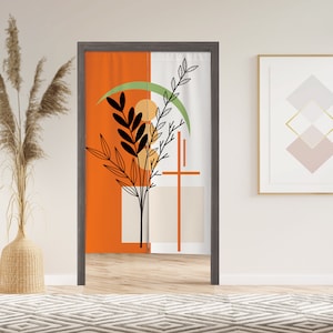 Rideau de porte Noren à feuilles géométriques avec velcro/œillets/manches, rideau de fenêtre japonais pour cuisine, parures de fenêtre pour séparation