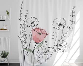 Rideau de douche Flower Line Art avec 12 crochets, 100 % étanche, décor de salle de bain moderne, cadeau de pendaison de crémaillère