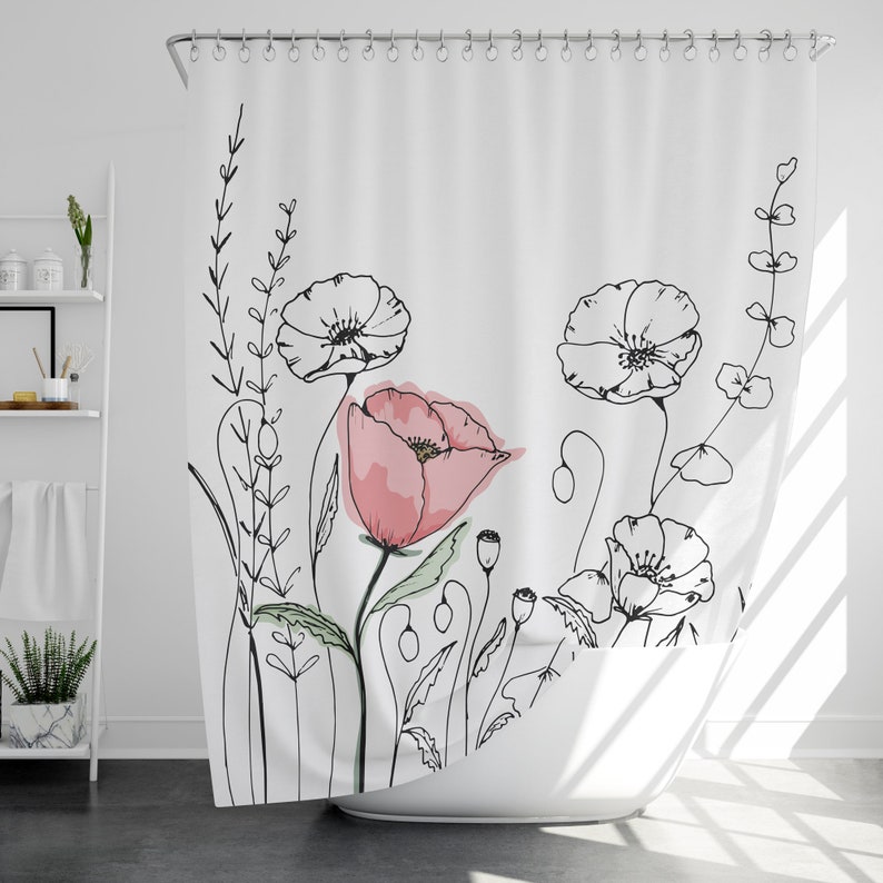 Flower Line Art Shower Curtain with 12 Hooks, 100% Waterproof, Modern Bathroom Decor, Housewarming Gift image 1