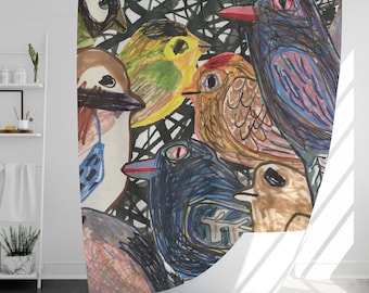 Doodle bird Shower Curtain with 12 Hooks, 100% Waterproof, Modern Bathroom Decor, Housewarming Gift