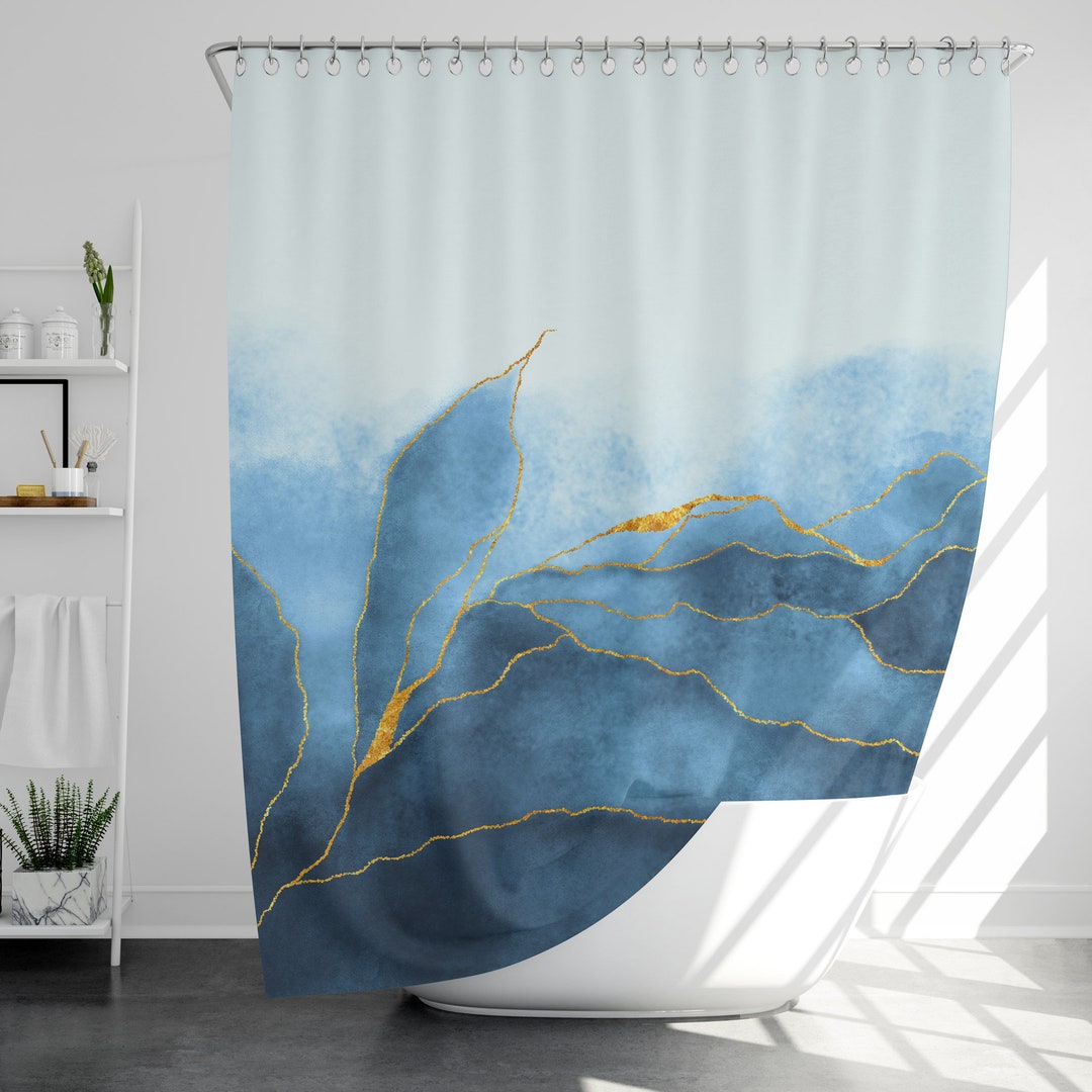 Blue Marble Shower Curtain With 12 Hooks 100 Waterproof Etsy