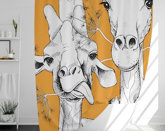 Rideau de girafes mignon avec 12 crochets, 100% étanche, décoration de salle de bain moderne, cadeau de pendaison de crémaillère, rideau de douche amusant