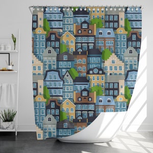 Colorful house Shower Curtain with 12 Hooks, 100% Waterproof, Modern Bathroom Decor, Housewarming Gift