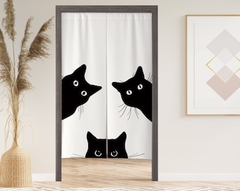 Cat is Watching Linda cortina de puerta Noren con velcro/ojal/manga, cortina de ventana japonesa para cocina, tratamientos de ventana para partición