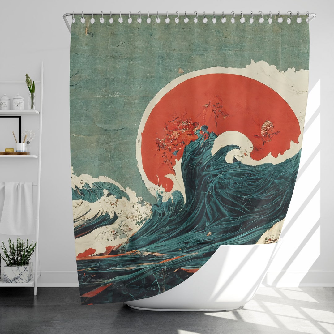 Japanese Wave Shower Curtain With 12 Hooks, 100% Waterproof, Japanese Style Bathroom Decor ...