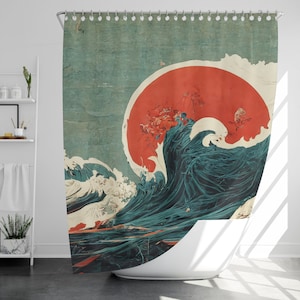 Japanese Wave Shower Curtain with 12 Hooks, 100% Waterproof, Japanese Style Bathroom Decor, Housewarming Gift