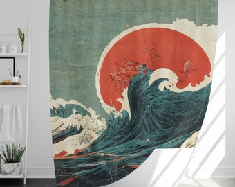 Japanese Wave Shower Curtain with 12 Hooks, 100% Waterproof, Japanese Style Bathroom Decor, Housewarming Gift