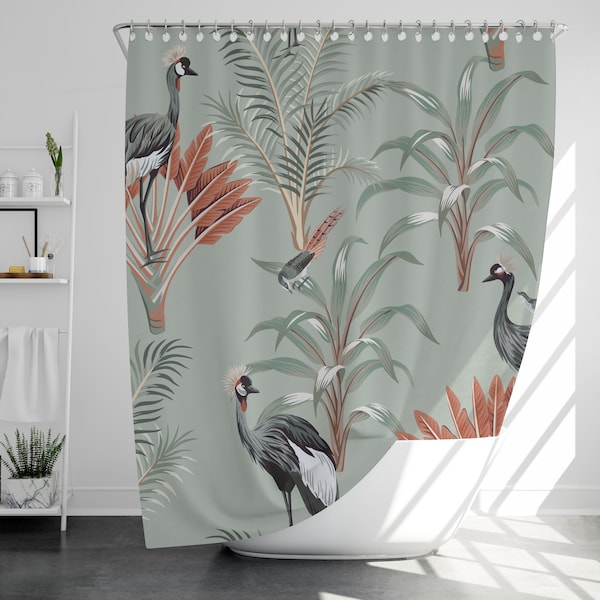 Red-crowned Crane Shower Curtain with 12 Hooks, 100% Waterproof, Modern Bathroom Decor, Housewarming Gift