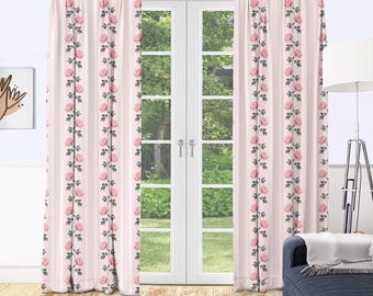 Pink Rose Vine Stripe Curtains, Vintage Floral Drapes for Bedroom Living Room, Shabby Chic Romantic Cottagecore French Country Custom Panels