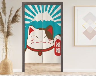 Lucky Cat Noren Door Window Curtain with Velcro/Grommets/Sleeve, Japanese Doorway Curtain for Kitchen, Window Treatments for Partition