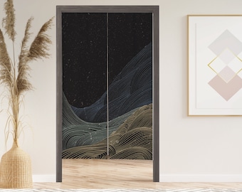 May include: A pair of black sliding doors with a graphic of a stylized mountain range with a starry sky background. The doors are open and reveal a wood floor.