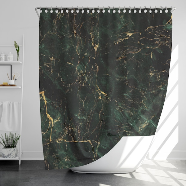 Green Marble Shower Curtain with 12 Hooks, 100% Waterproof, Modern Bathroom Decor, Housewarming Gift