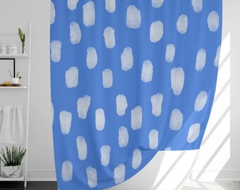 Blue Watercolor Dot Shower Curtain, Hand Painted Abstract Pattern Bathroom Decor, Modern Minimalist, Custom Size Waterproof Fabric