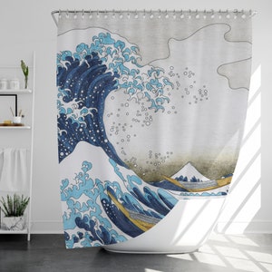 The Great Wave off Kanagawa Shower Curtain with 12 Hooks, 100% Waterproof, Japanese Style Bathroom Decor, Housewarming Gift