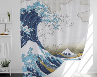 The Great Wave off Kanagawa Shower Curtain with 12 Hooks, 100% Waterproof, Japanese Style Bathroom Decor, Housewarming Gift