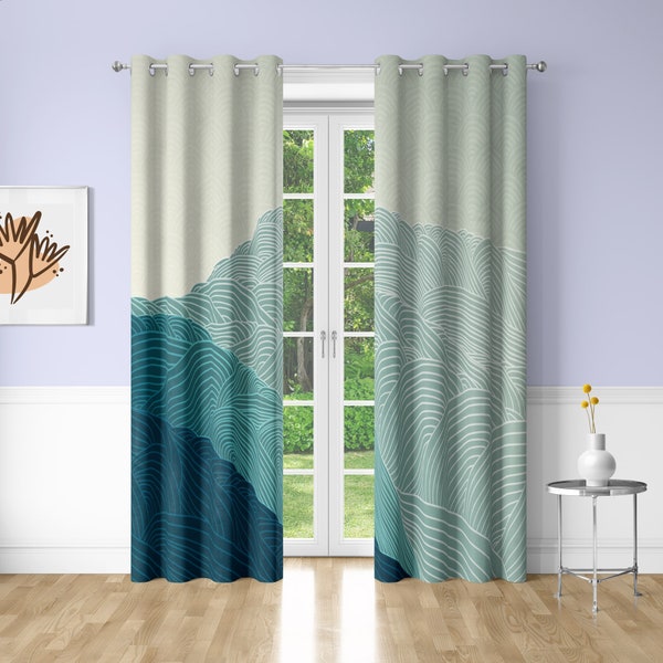 Sea Waves Window Curtains Minimalistc Japanese-style sea wave Printing Decorative Blackout Curtains for Bedrooms Dorms