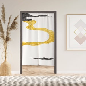 Gold Wave 2 Noren Curtain with Velcro/Grommet/Sleeve, Japanese Window Curtain for Kitchen, Window Treatments for Partition