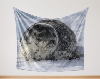 Couverture en flanelle de phoque réaliste, jeté animal de l'océan, phoque du Groenland mignon sur la neige, couverture douce et confortable pour canapé-lit, cadeau pour les amoureux de la mer
