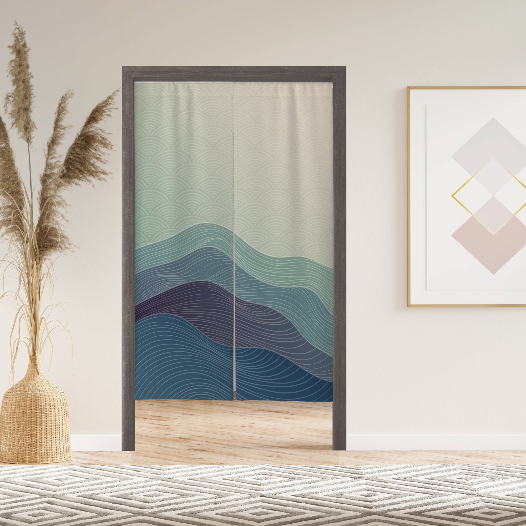 Japanese Wave Noren Door Curtain with Velcro, Doorway Curtain for Kitchen Bathroom Door, Window Treatments for Partition Home Kitchen Decor