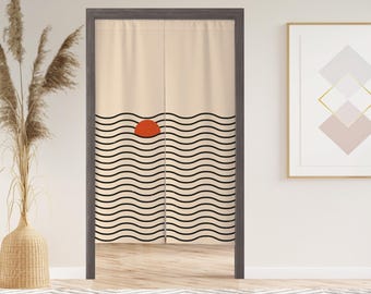 Waves and sun Noren Door Curtain with Velcro/Grommet/Sleeve, Japanese Window Curtain for Kitchen, Window Treatments for Partition