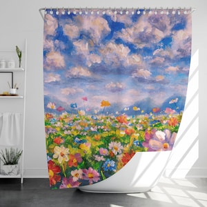 Oil Painting Flower Field Shower Curtain with 12 Hooks, Christmas Gift, Home Decor, Housewarming Gift