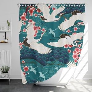 Japanese Crane Shower Curtain with 12 Hooks, 100% Waterproof, Modern Bathroom Decor, Housewarming Gift