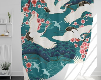 Japanese Crane Shower Curtain with 12 Hooks, 100% Waterproof, Modern Bathroom Decor, Housewarming Gift