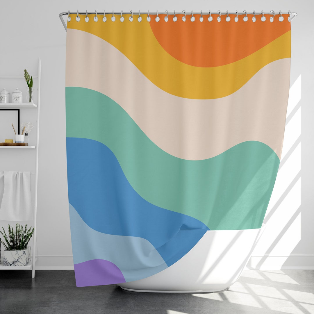 Rainbow Retro Style Shower Curtain With 12 Hooks 100 Etsy