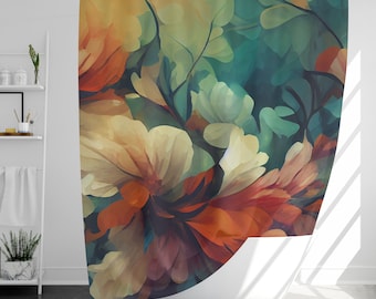 Puede incluir: Una cortina de ducha con un patrón floral. Las flores están pintadas en tonos de naranja, amarillo, verde y marrón. El fondo es de color azul oscuro.