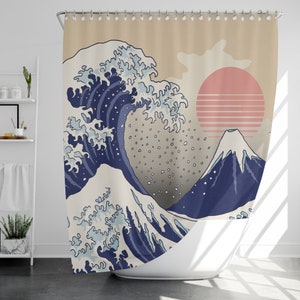 Japanese Wave Shower Curtain with 12 Hooks, 100% Waterproof, Japanese Style Bathroom Decor, Housewarming Gift