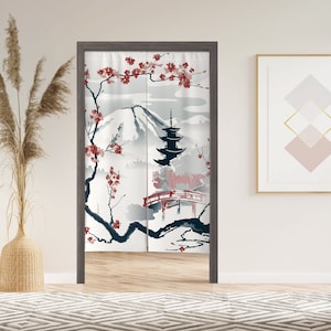 Mount Fuji Noren Door Curtain with Velcro/Grommet/Sleeve, Japanese Window Curtain for Kitchen, Window Treatments for Partition