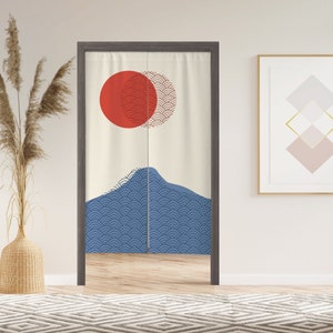 Psychedelic Red Moon Noren Door Curtain with Velcro/Grommet/Sleeve, Japanese Window Curtain for Kitchen, Window Treatments for Partition