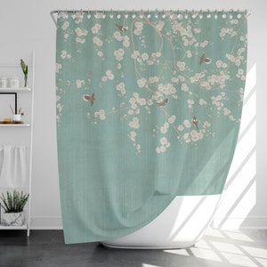 Birds and flowers Shower Curtain with 12 Hooks, 100% Waterproof, Modern Bathroom Decor, Housewarming Gift