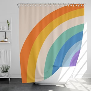 Rainbow Retro Style Shower Curtain with 12 Hooks, 100% Waterproof, Modern Bathroom Decor, Housewarming Gift