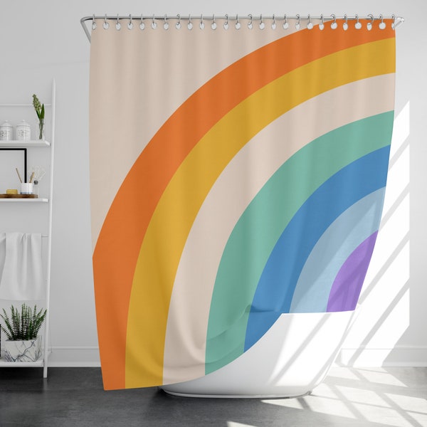 Rideau de douche de style rétro arc-en-ciel avec 12 crochets, 100 % étanche, décor de salle de bain moderne, cadeau de pendaison de crémaillère