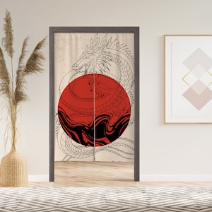 Dragon Upon Red Sun Noren Door Curtain with Velcro/Grommet/Sleeve, Japanese Window Curtain for Kitchen, Window Treatments for Partition