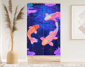 Colorful Koi Fish Door Curtain Japanese Noren for Kitchen Entryway Zen Room Divider Privacy Panel Lotus Pond Art for Home Decor Gift
