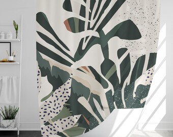 Abstract Plants Shower Curtain with 12 Hooks, 100% Waterproof, Modern Bathroom Decor, Housewarming Gift