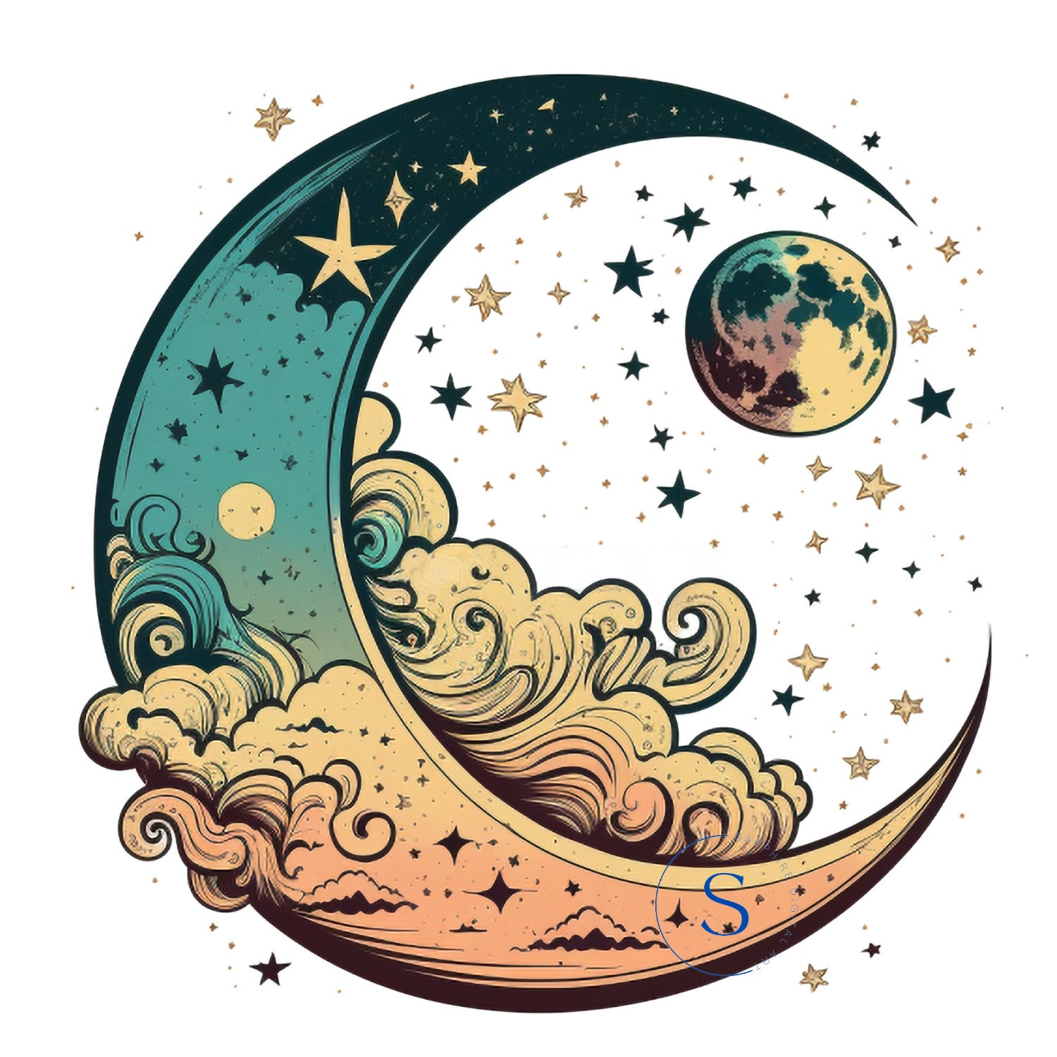 Celestial Vintage Moon Clipart Ancient Cosmos Sun Clipart Commercial