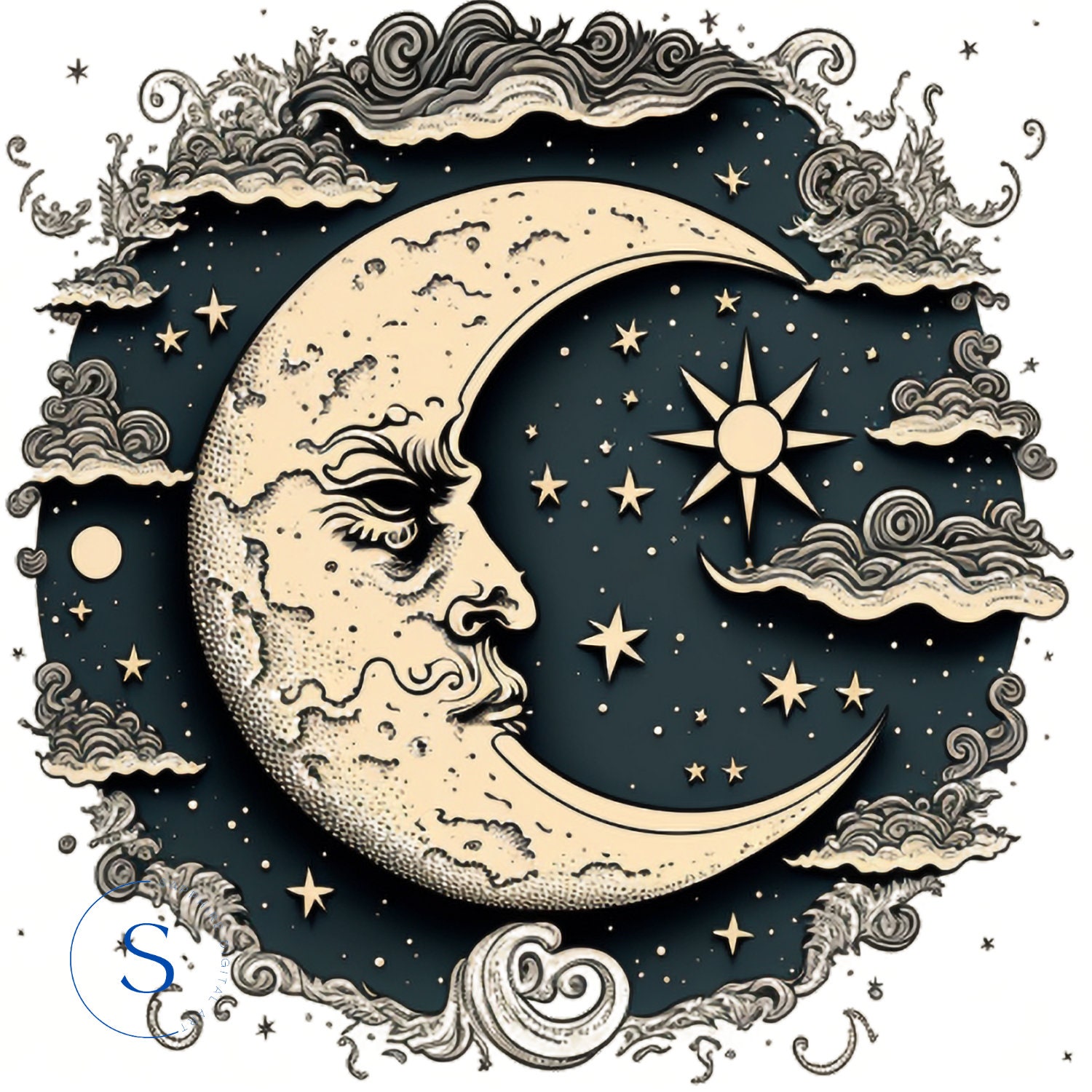 Celestial Vintage Moon Clipart Ancient Cosmos Sun Clipart Commercial
